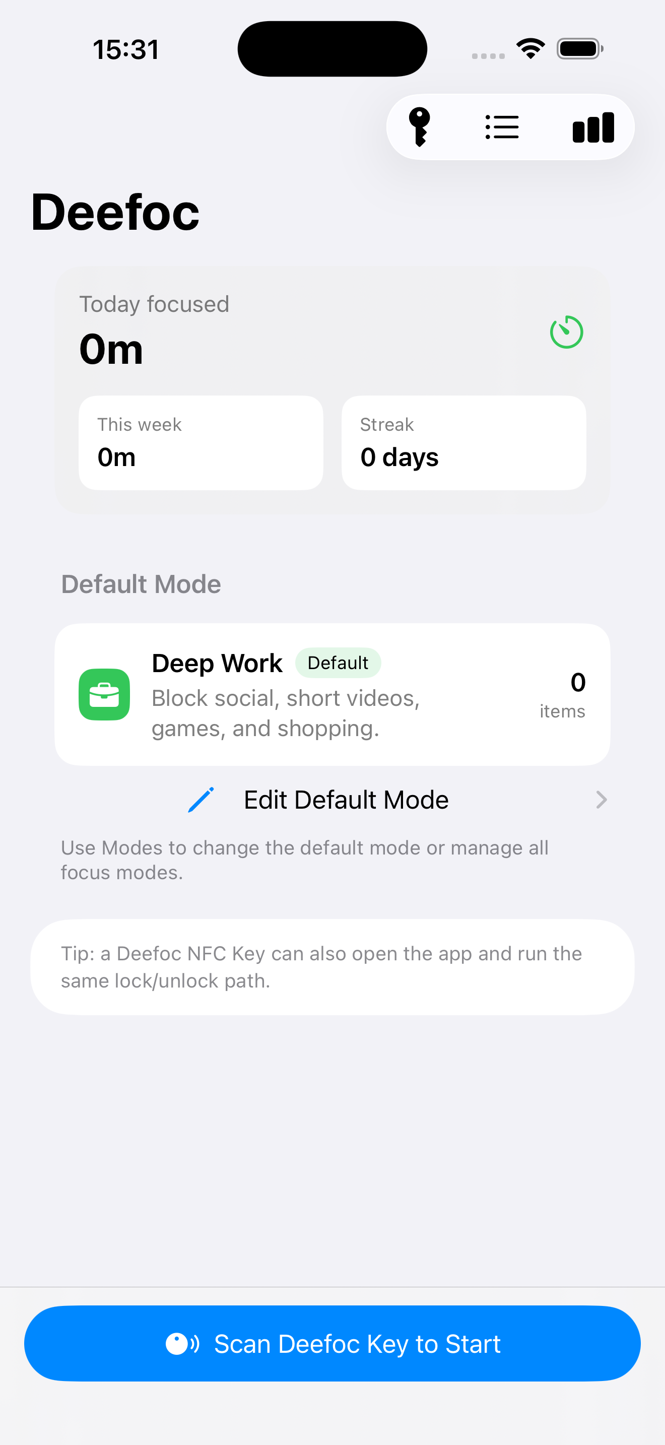 Deefoc iPhone app home screen with focus summary, default mode, and Scan Deefoc Key to Start button
