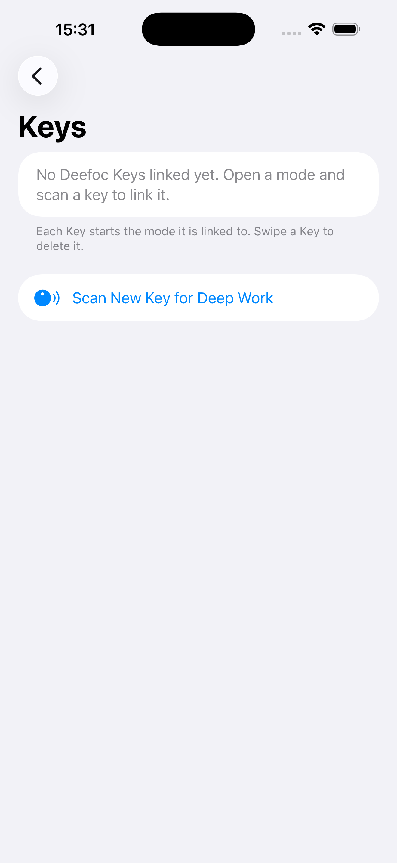 Deefoc Keys screen prompting the user to scan a new Key for Deep Work