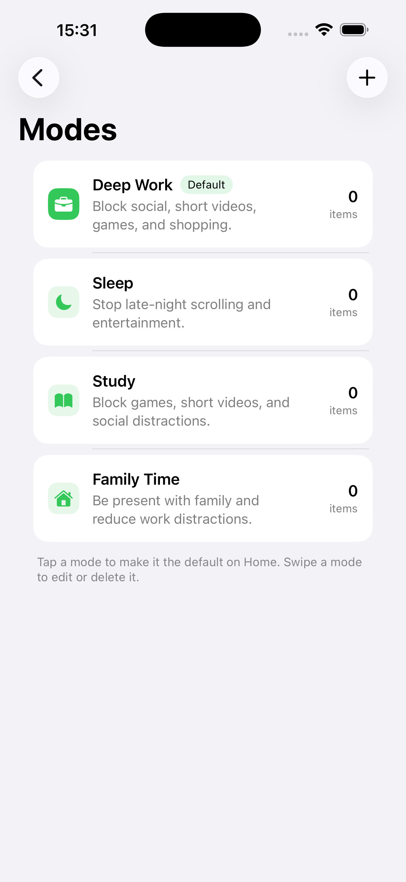 Deefoc Modes screen listing Deep Work, Sleep, Study, and Family Time