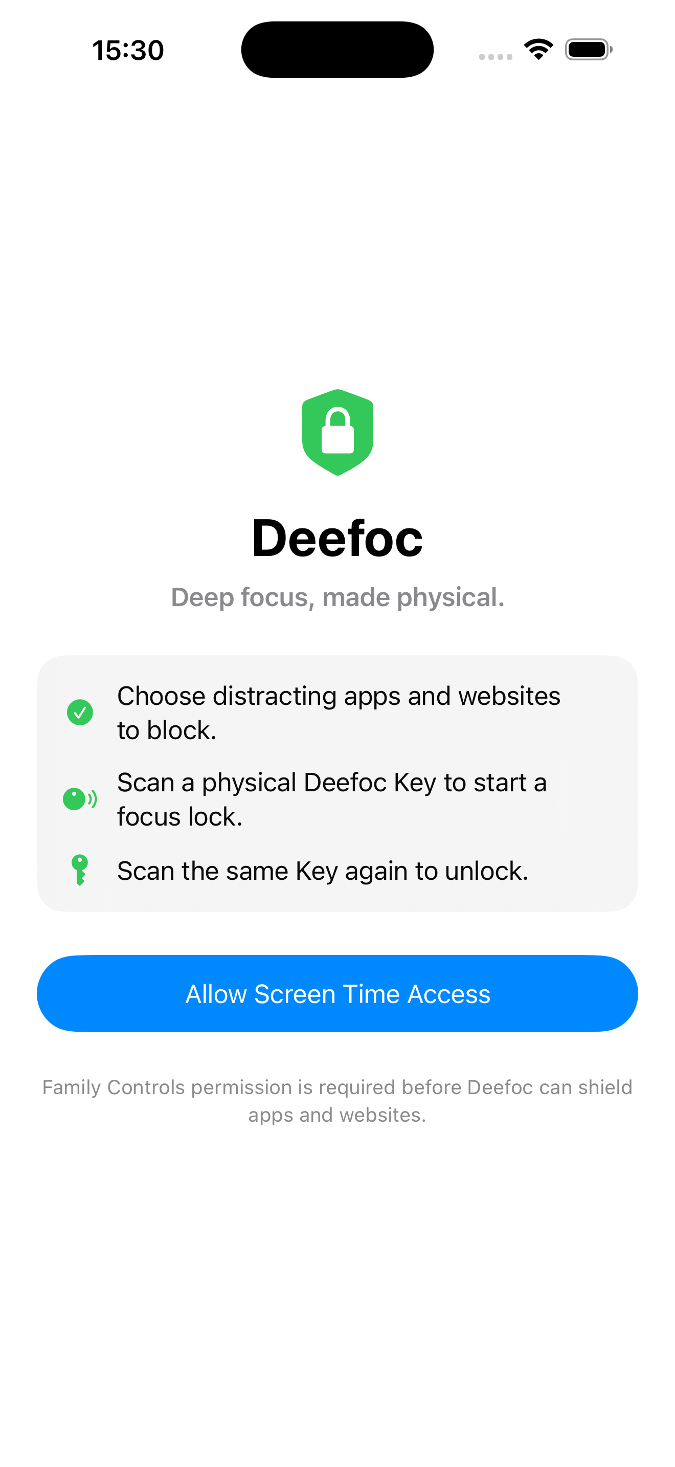 Deefoc onboarding screen requesting Screen Time access