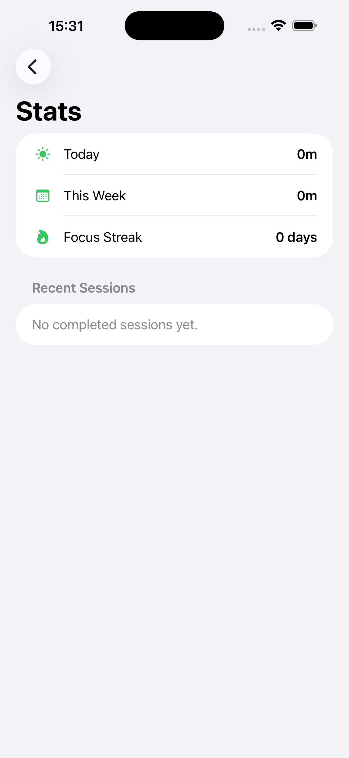 Deefoc stats screen showing today, week, streak, and recent sessions